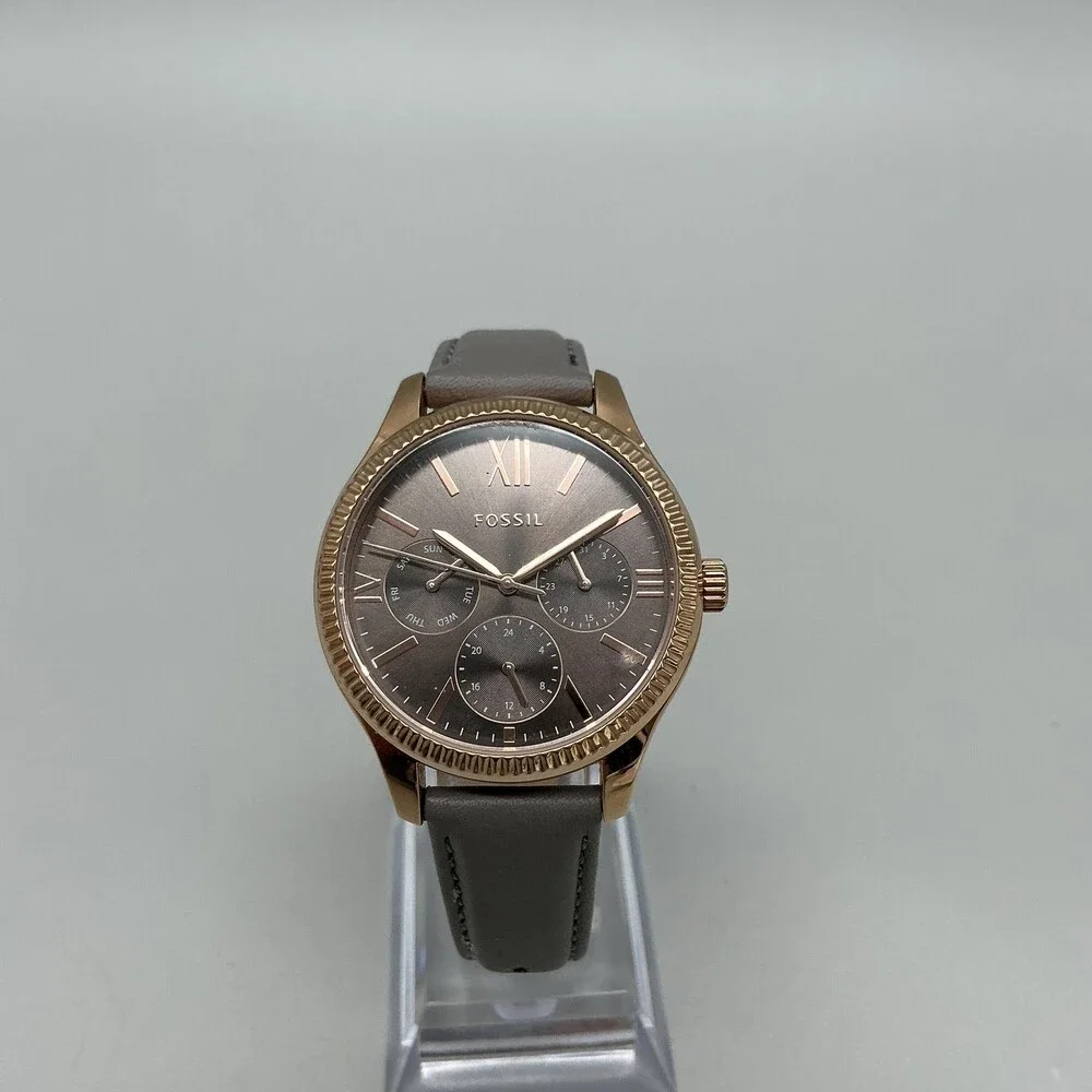 Fossil BQ3764 Womens Watch 35mm Brown Dial Gray Leather Rose Gold Multifunction